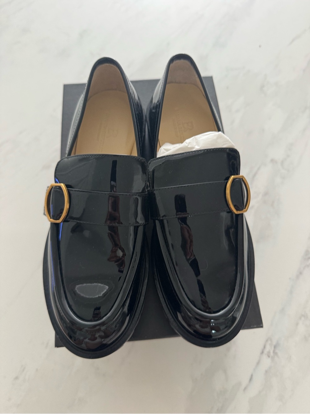 Banana Republic Black Patent Loafers with Gold Buckle Accent